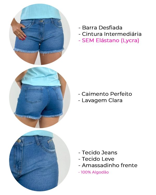 Shorts Jeans Azul Claro Barra Desfiada Feminino - Imagem 4