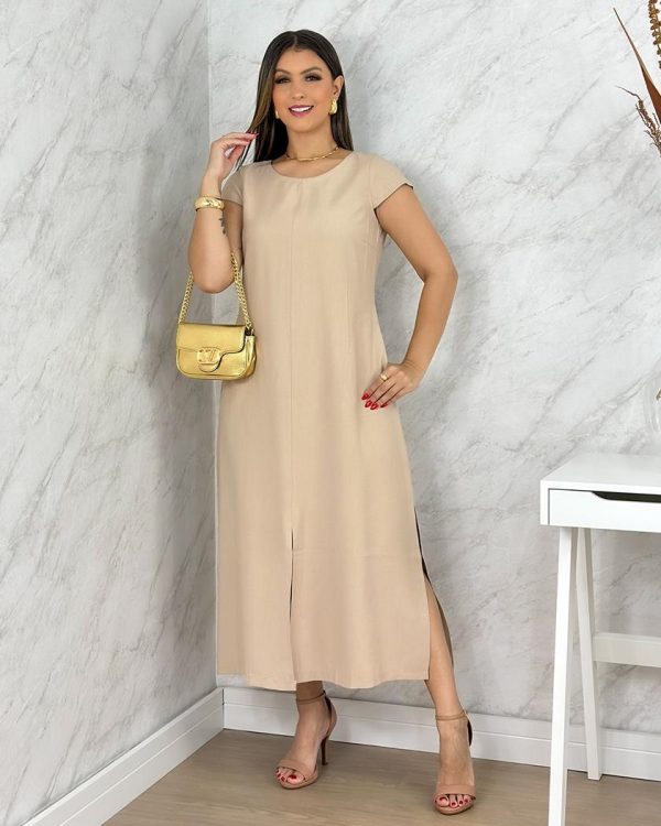 Vestido Midi Manga Fenda Lateral + Frente Viscose Sarjada