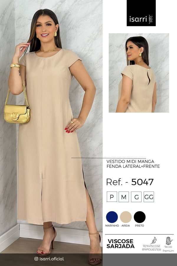 Vestido Midi Manga Fenda Lateral + Frente Viscose Sarjada - Imagem 6