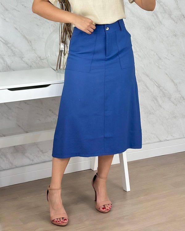 Saia MIDI Evasê Bolso Sobre em Viscose Sarjada