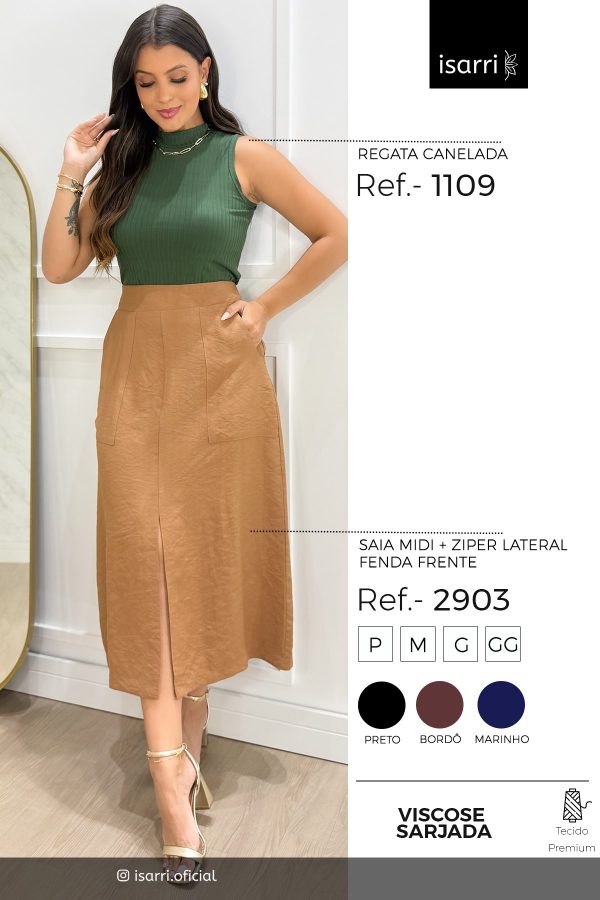 Saia MIDI Zíper Lateral Fenda Frente em Viscose Sarjada - Image 5