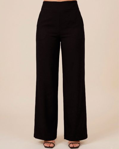 Calça wide leg feminina pantalona preta com elástico na cintura